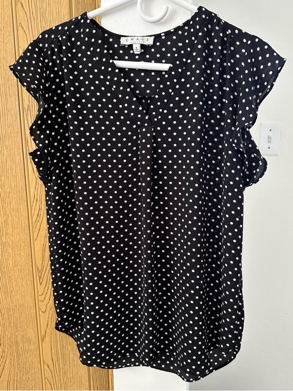 Chaus New York Black & White Polka Dot Blouse Cap Sleeve Work Top